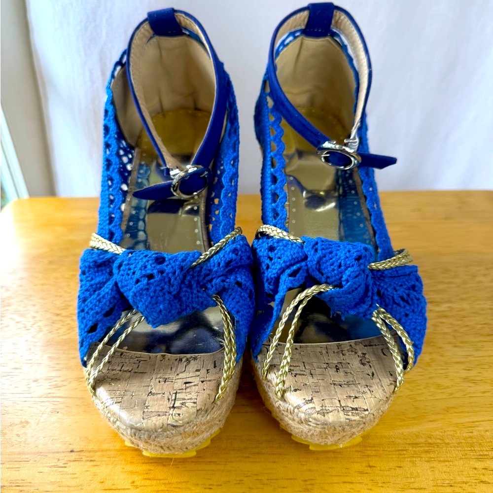 Royal Blue Crochet Wedges with Hook Ankle Strap and Gold Rope Accent Size 7